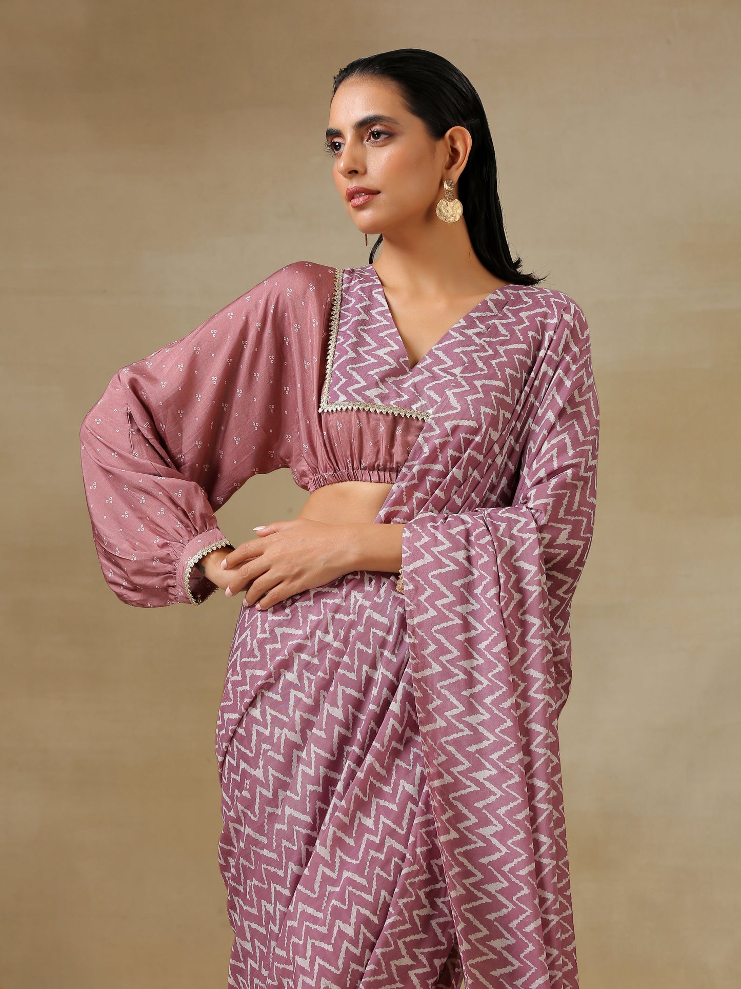 trueBrowns Dark Mauve Bandhani Printed SilkReady to Wear Saree | Swadesiicart