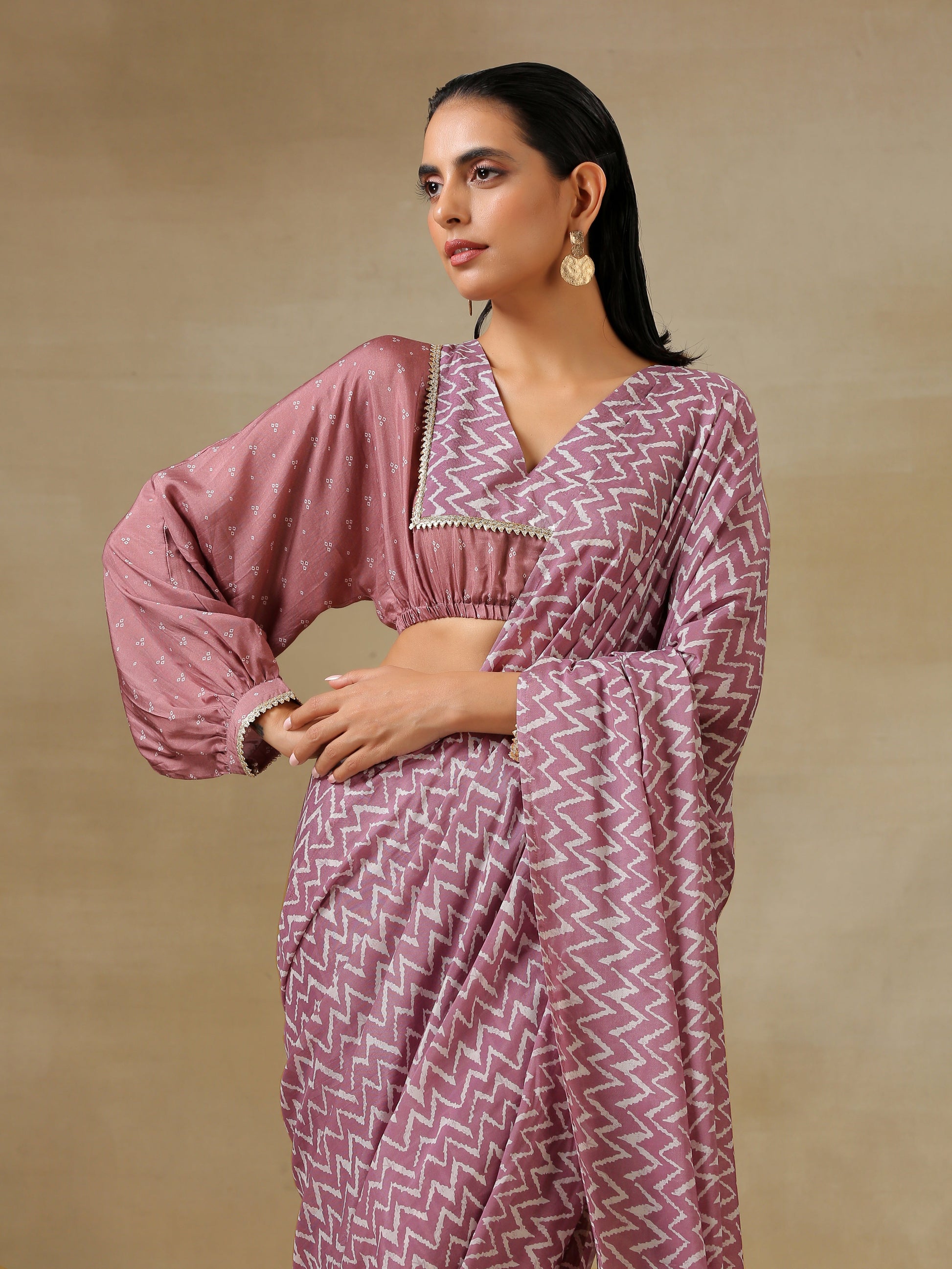 trueBrowns Dark Mauve Bandhani Printed SilkReady to Wear Saree | Swadesiicart