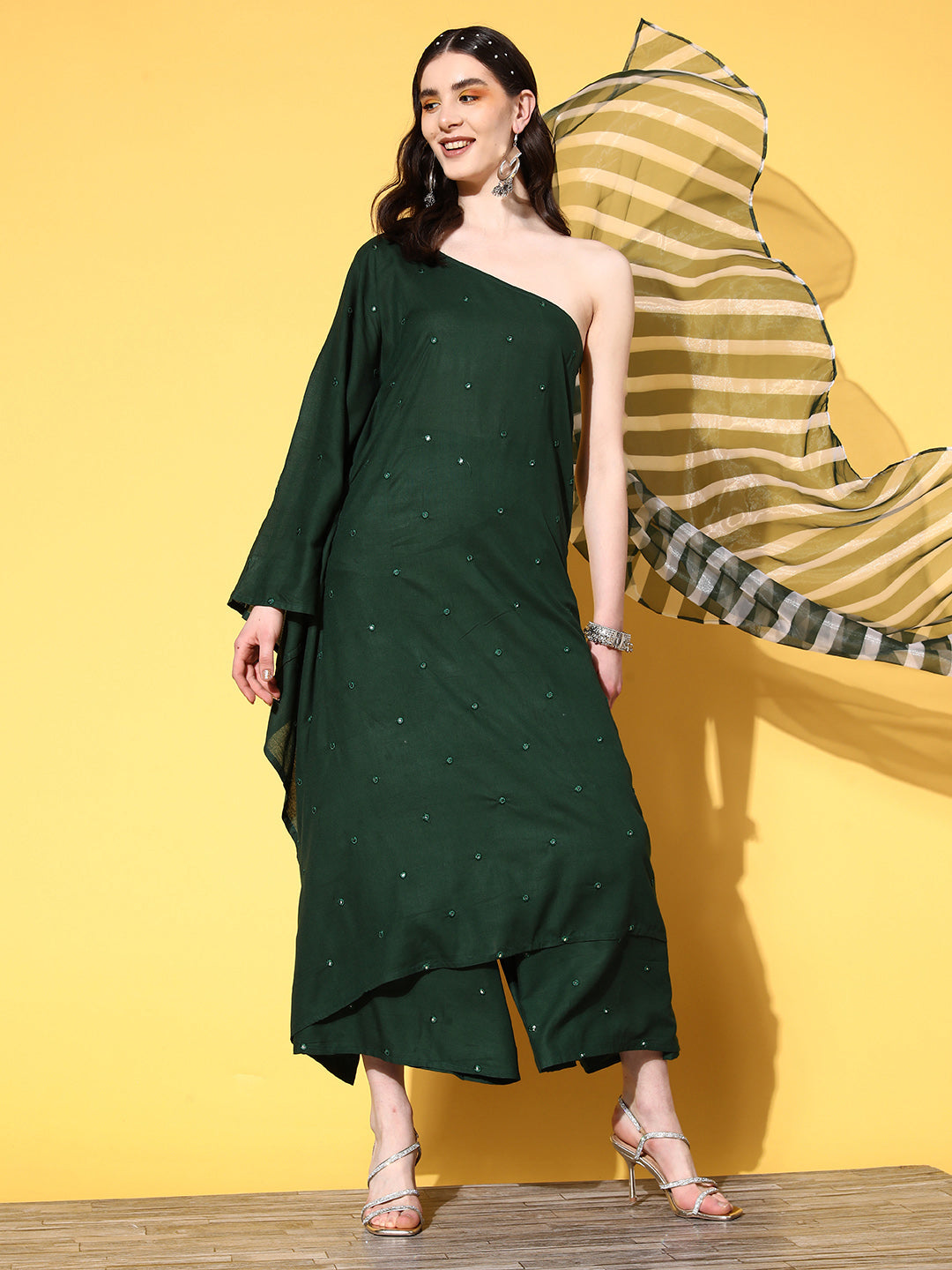InWeave Women's Green Mirror Work One Shoulder Kurta Set With Dupatta - Swadesiicart