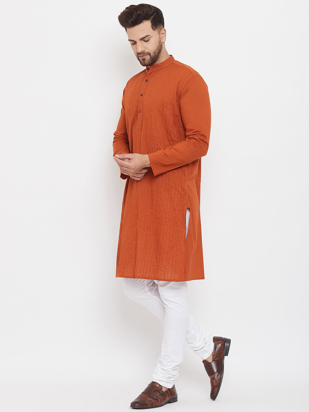 Even Apparels Rust Pure Cotton Kurta With Band Collar | Swadesiicart