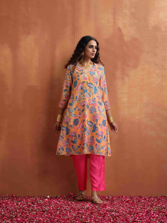 trueBrowns Orange Print Kurta Co-ord Set - Swadesiicart