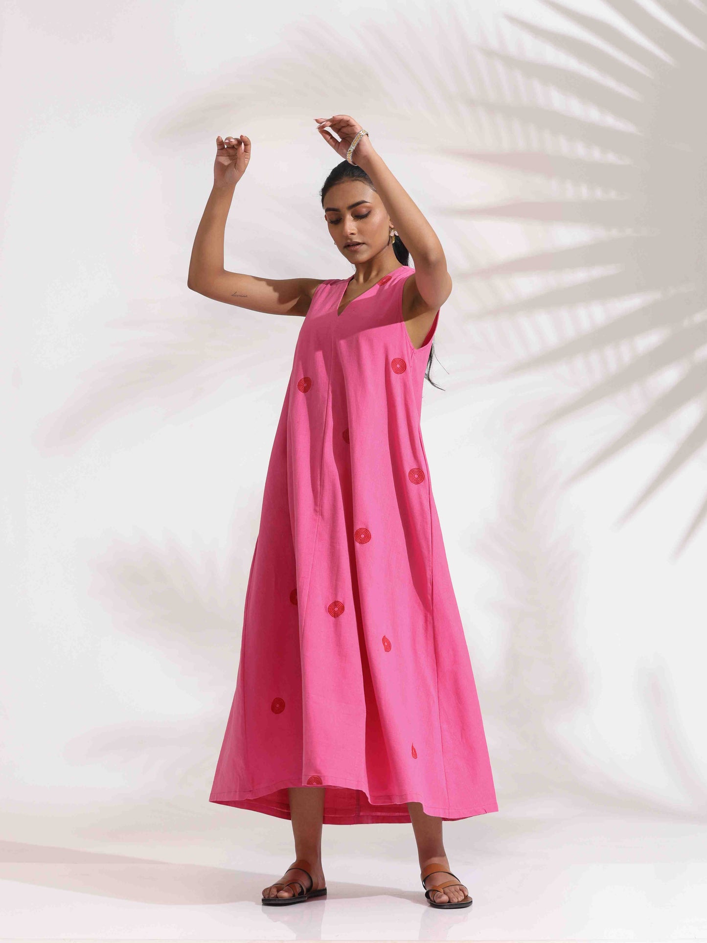 trueBrowns Pink Cotton Embroidered Flared Dress | Swadesiicart