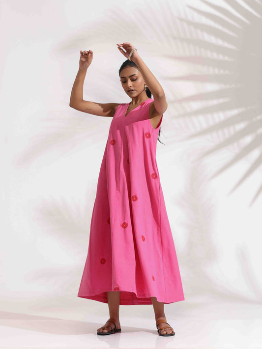 trueBrowns Pink Cotton Embroidered Flared Dress | Swadesiicart