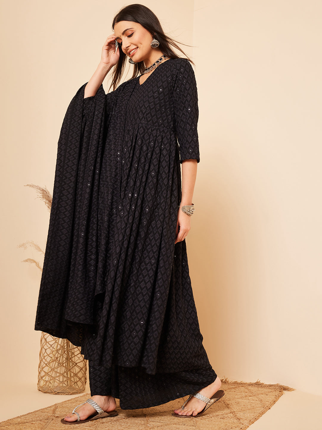 InWeave Women's Black Chikankari Long Anarkali Kurta Sharara Set W Dupatta - Swadesiicart