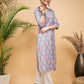 InWeave Women's Blue Pink Print Angrakha Style Straight Kurta Pant Set - Swadesiicart