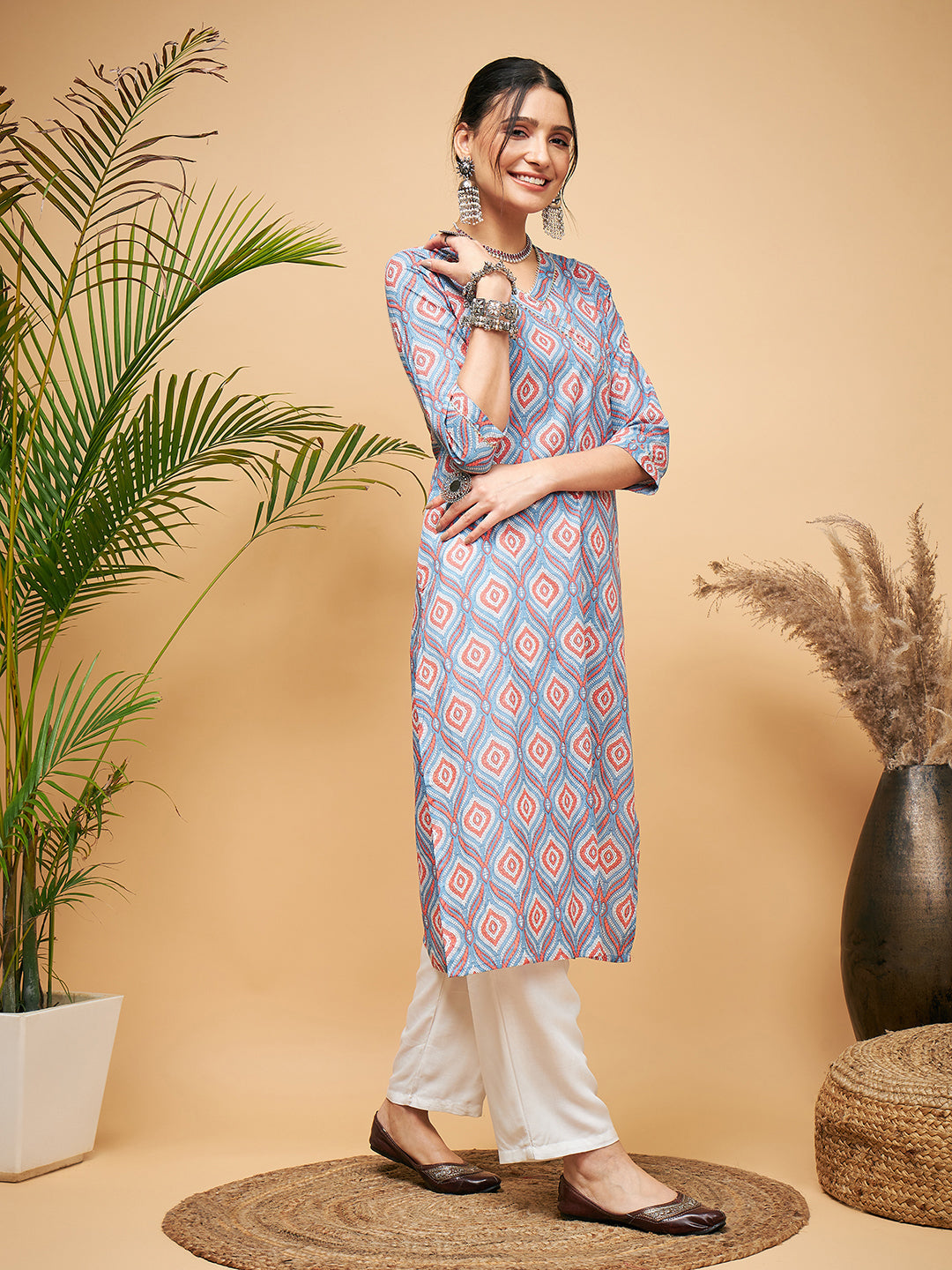 InWeave Women's Blue Pink Print Angrakha Style Straight Kurta Pant Set - Swadesiicart