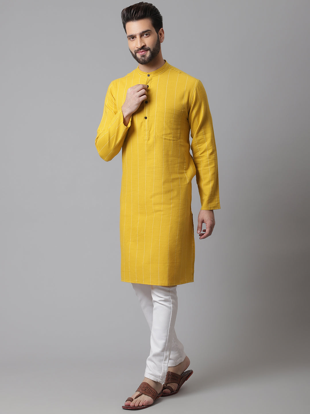 Even Apparels Yellow Pure Cotton Kurta With Band Collar | Swadesiicart