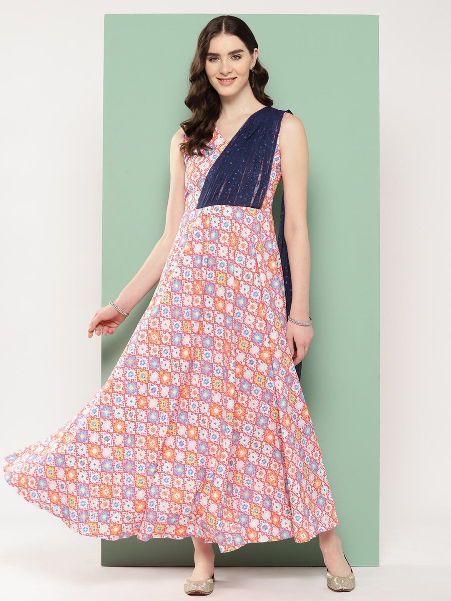 Ahalyaa Abstract Printed Empire Ethnic Dress | Swadesiicart