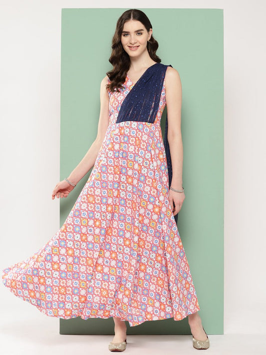 Ahalyaa Abstract Printed Empire Ethnic Dress | Swadesiicart