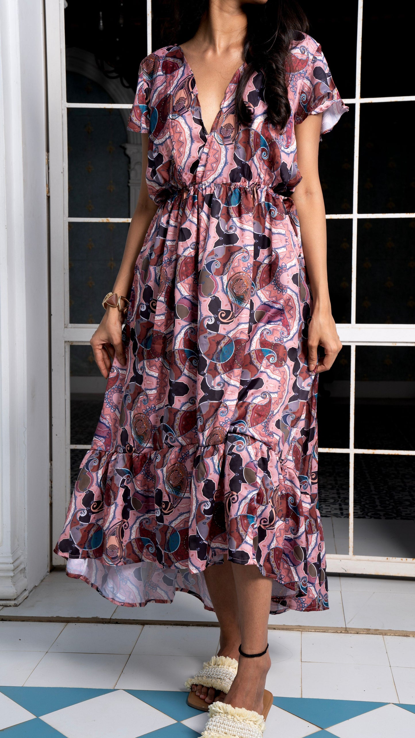 Noroke Sustainable fabric | Bemberg Brown Printed High Low Dress | Swadesiicart