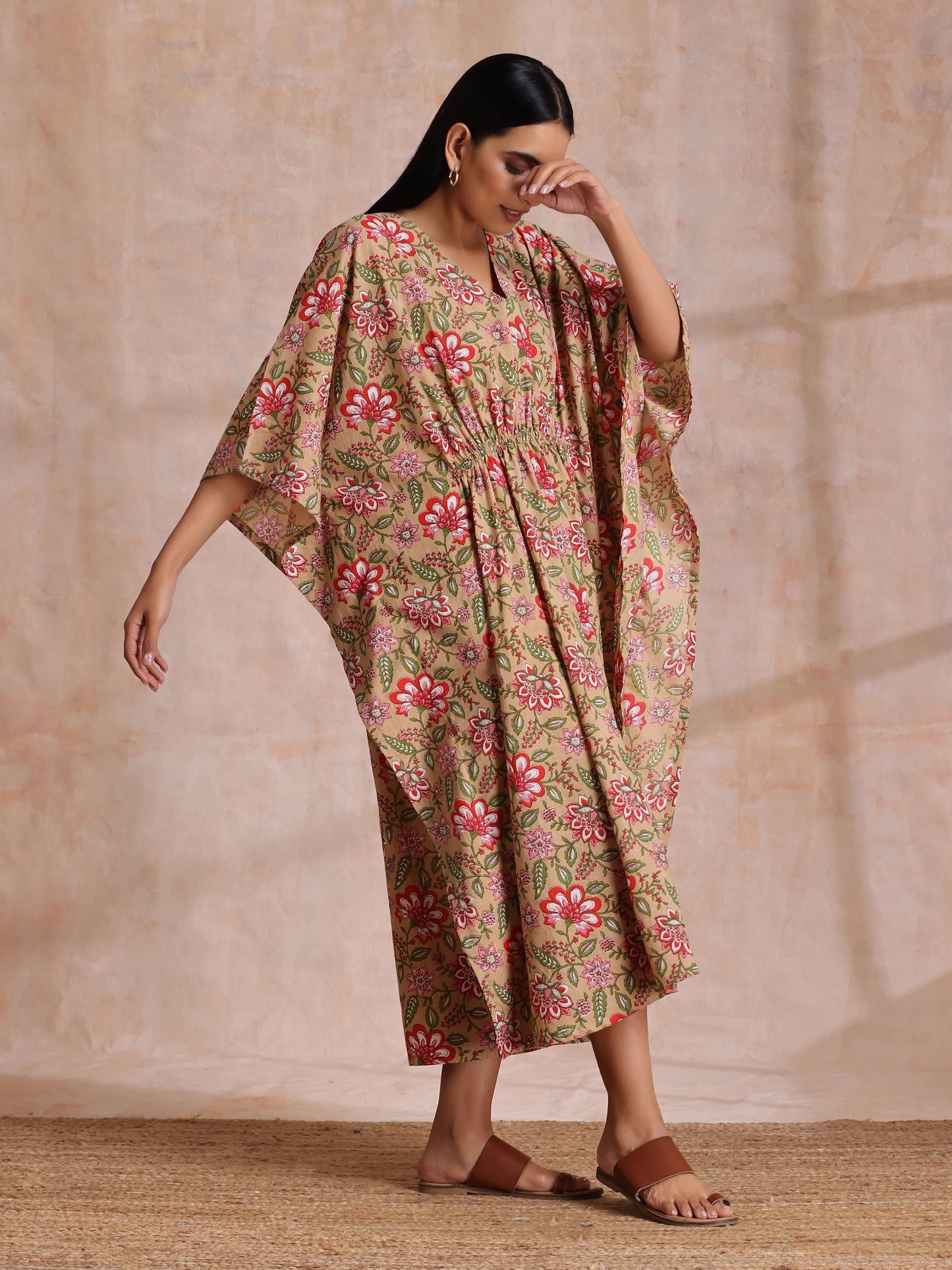 trueBrowns Beige Overall Big Floral Block Print Cotton Kaftan Dress | Swadesiicart