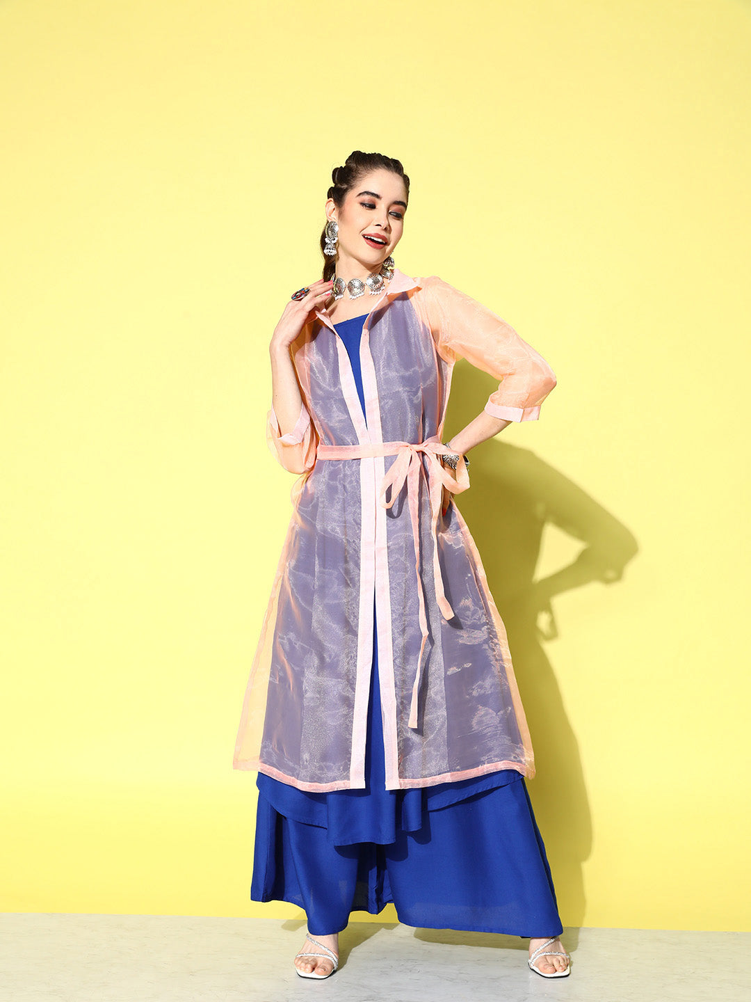 InWeave Women's Ink Blue Strappy Kurta Set With Peach Organza Cape - Swadesiicart