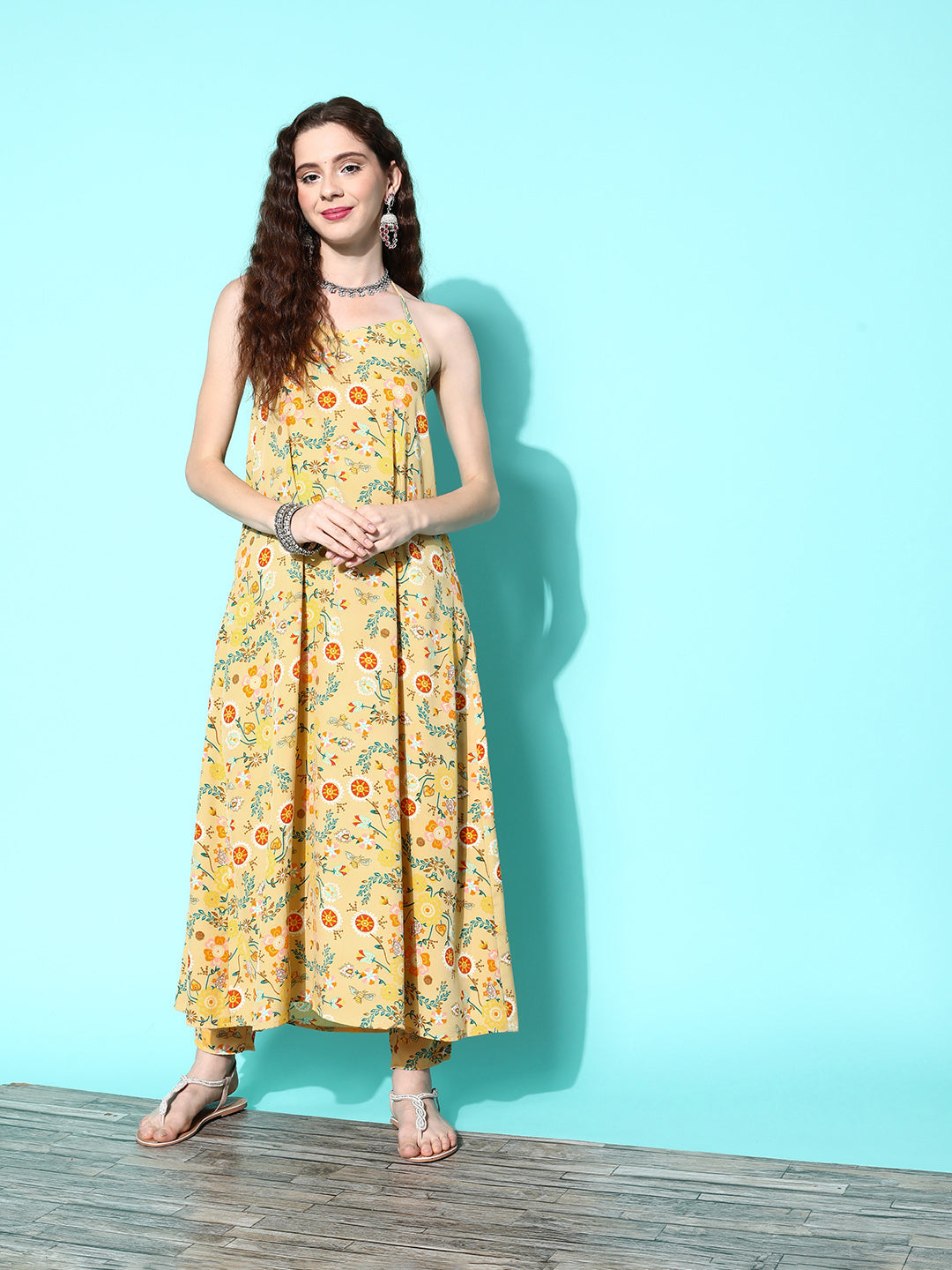 InWeave Women's Yellow Print Back Less Long Kurta Pant Set - Swadesiicart