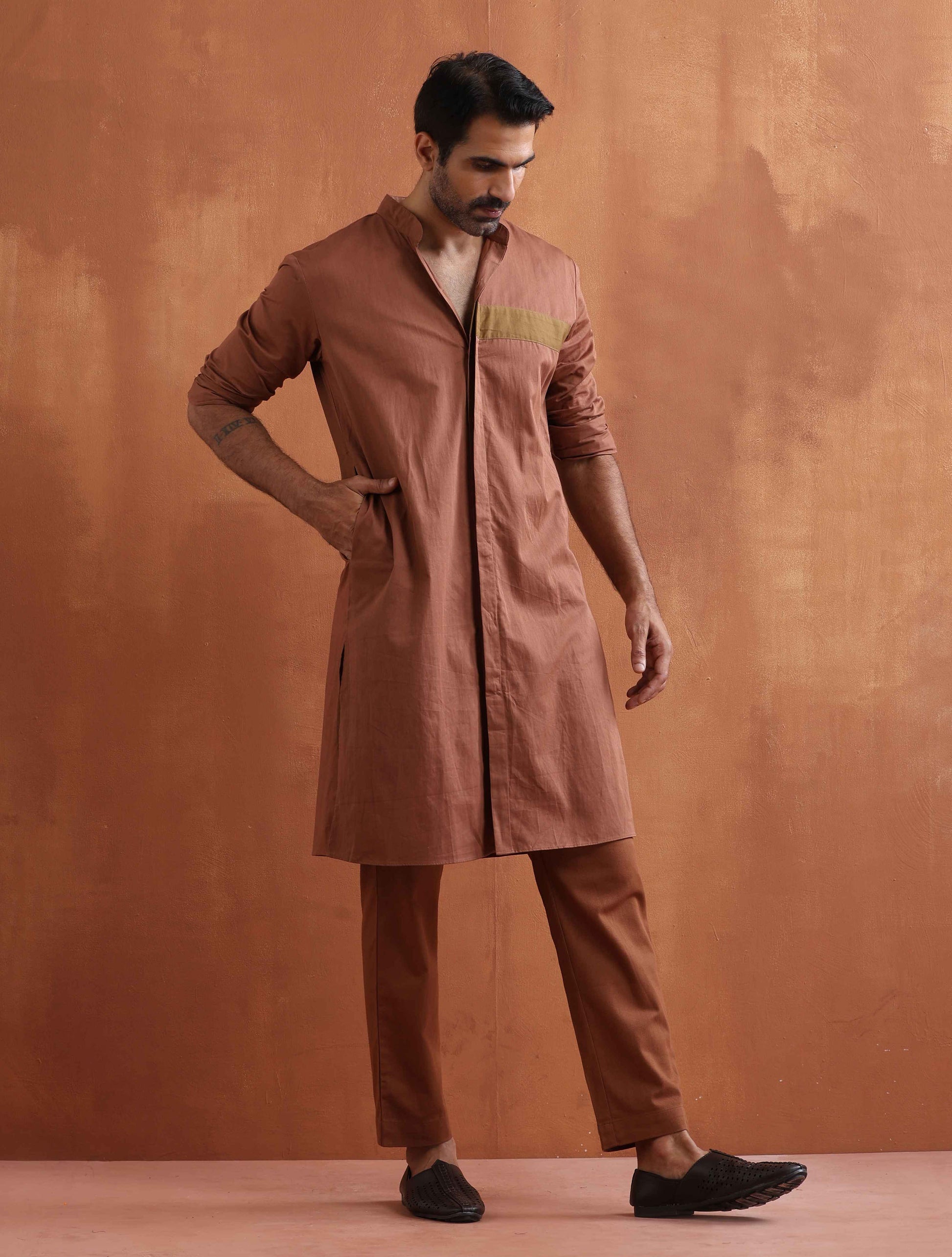 trueBrowns Men's Brown Cotton Front Open Kurta | Swadesiicart