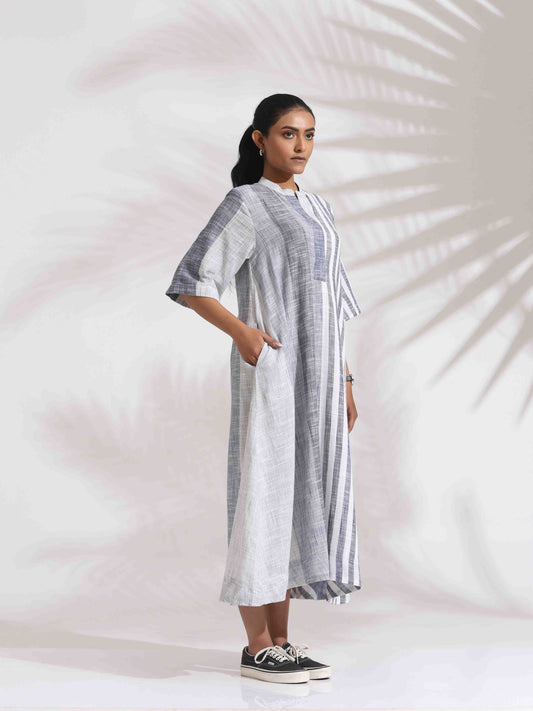 trueBrowns Off-White Cotton Multi Stripe Flared Dress | Swadesiicart