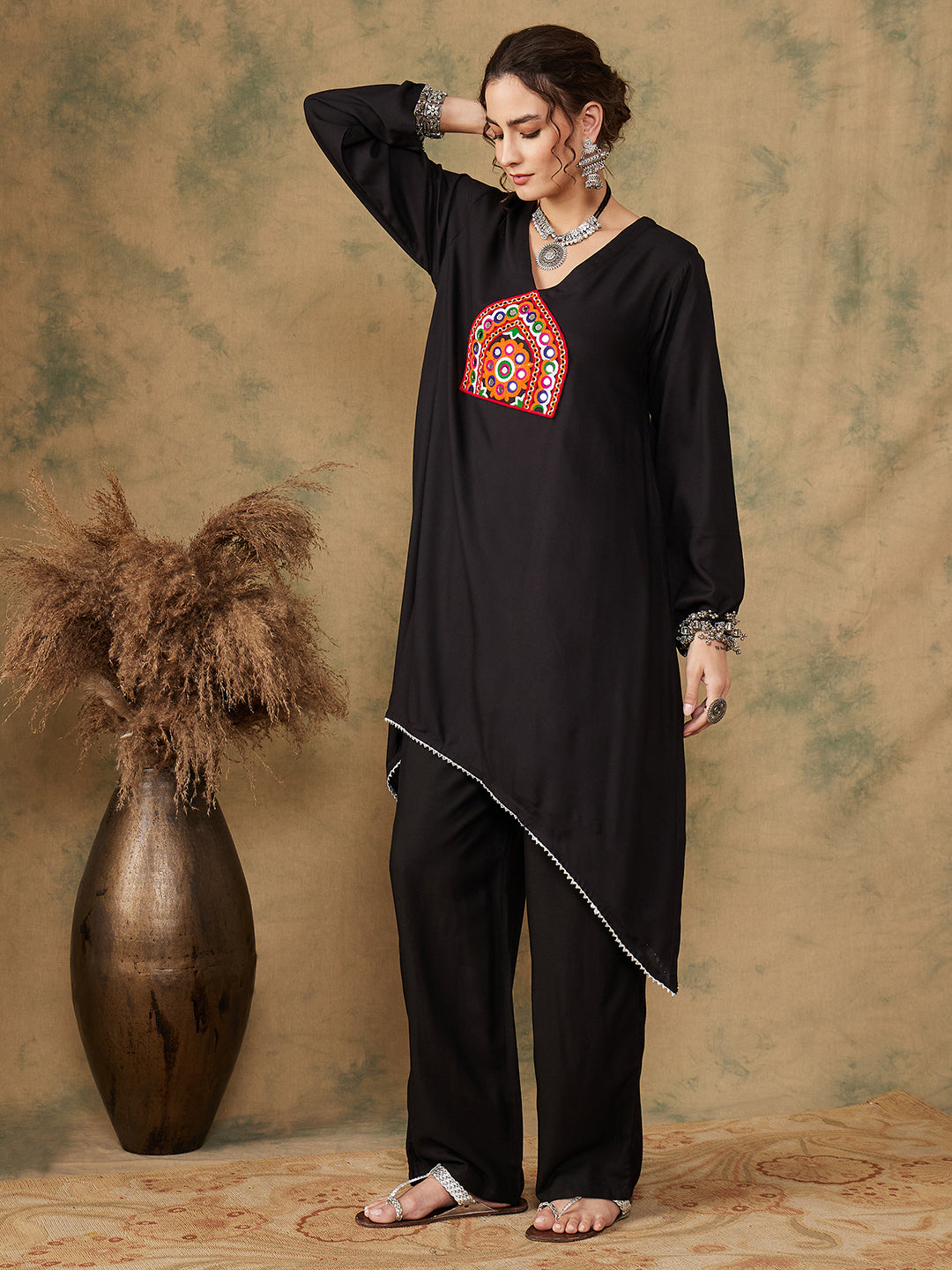 InWeave Women's Black Trangle Maroon Patch Work Assymentrical Kurta Set - Swadesiicart
