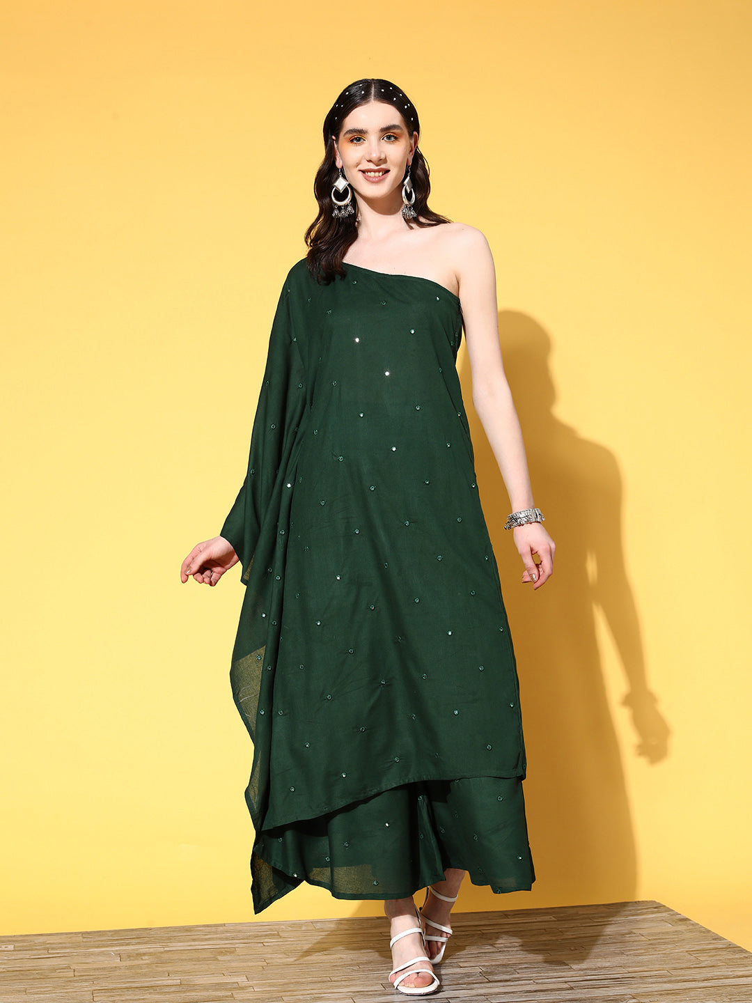 InWeave Women's Green Mirror Work One Shoulder Kurta Set - Swadesiicart