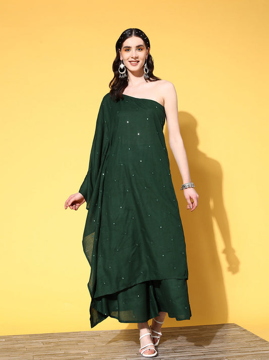 InWeave Women's Green Mirror Work One Shoulder Kurta Set - Swadesiicart