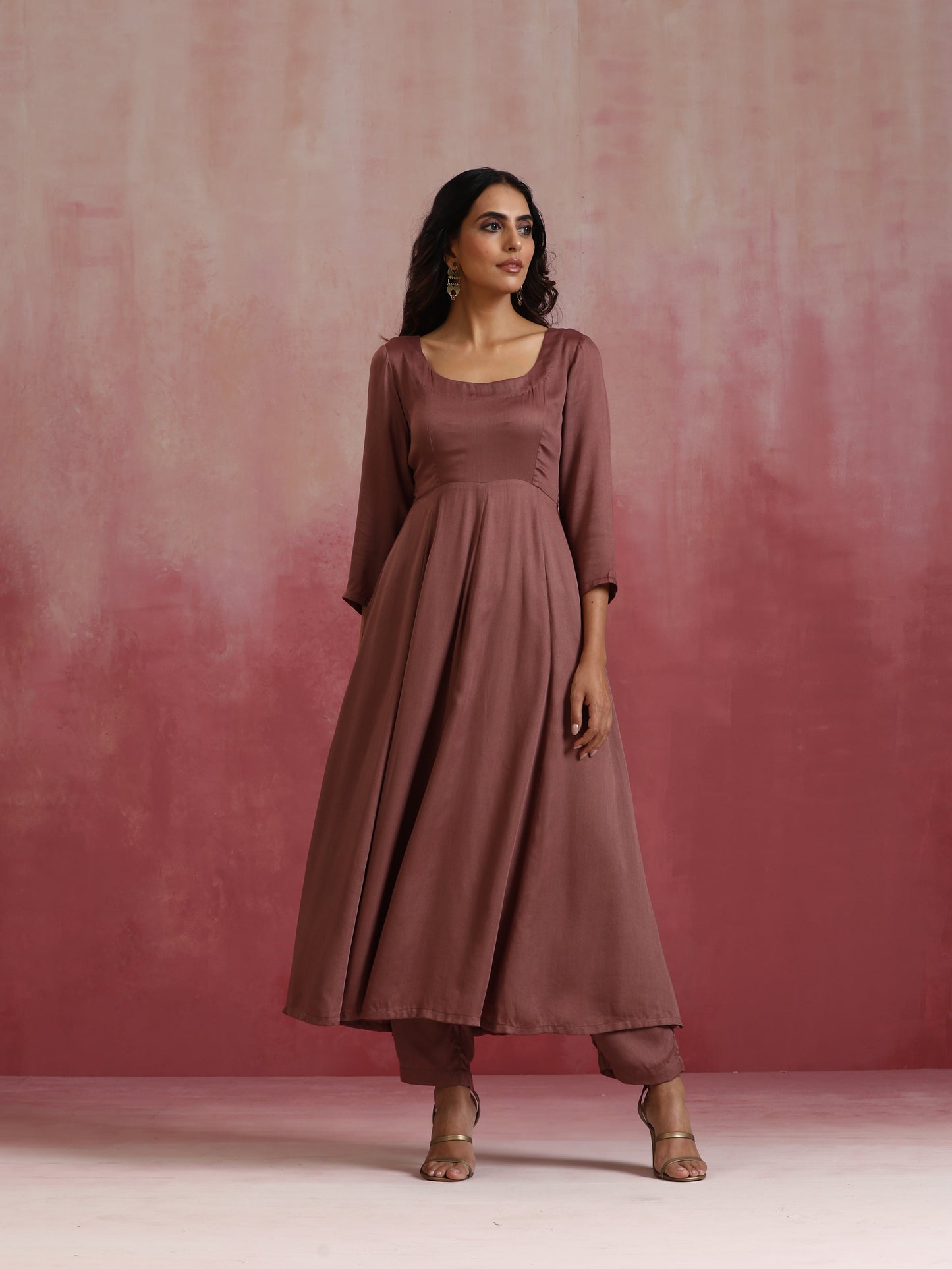 trueBrowns Brown Modal Anarkali Kurta Set | Swadesiicart