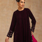 trueBrowns Wine Velvet Embroidered Kurta | Swadesiicart