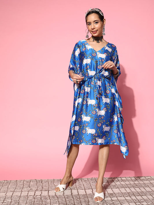 InWeave Women's Ink Blue Indian Bull Print Kaftan - Swadesiicart