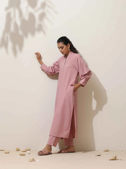 trueBrowns Pink Cotton Linen Kurta Pant Set | Swadesiicart