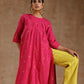 trueBrowns Pink Gold Cotton Neck Pleat Kurta Set | Swadesiicart