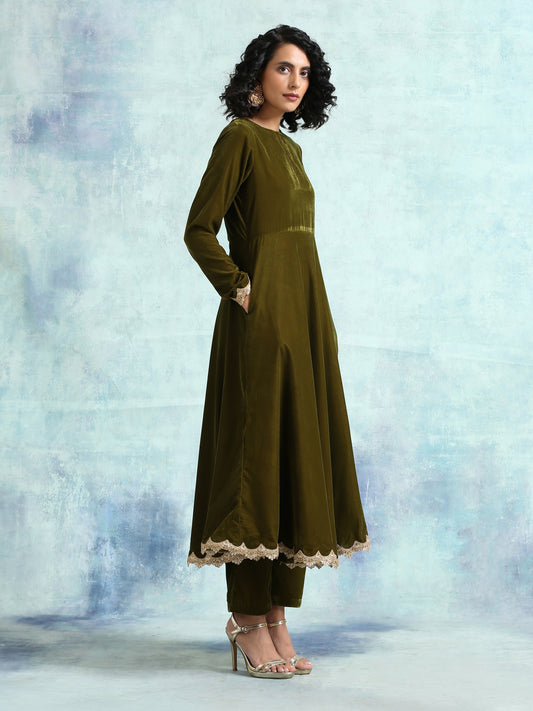 trueBrowns Mehandi Velvet Anarkali Kurta | Swadesiicart