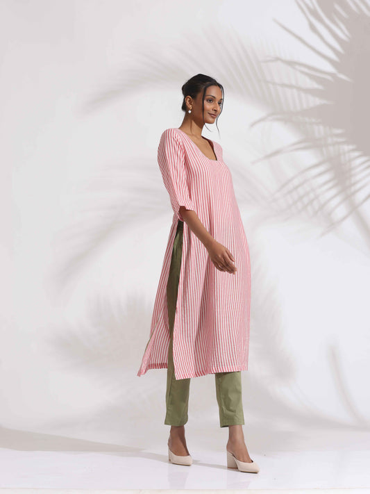 trueBrowns Red Cotton Stripe Straight Kurta Set | Swadesiicart