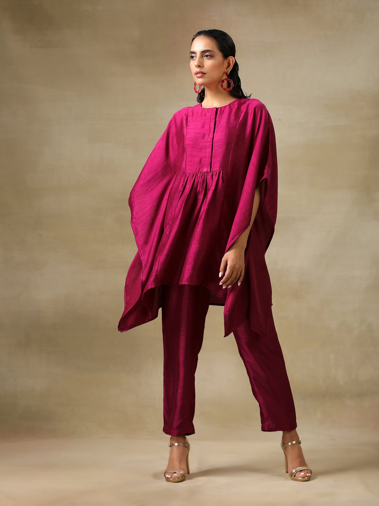 trueBrowns Purple Textured Silk Gathered Kaftan Co-Ord Set - Swadesiicart