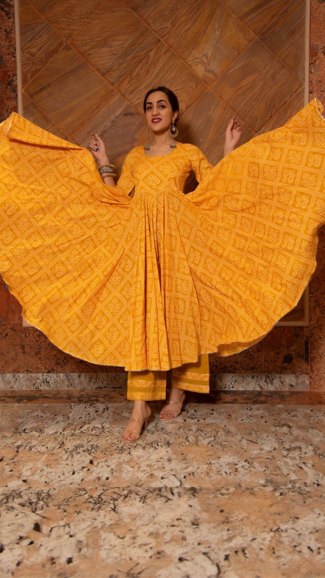 Pomcha Jaipur Bandhej Yellow Cotton Anarkali Set | Swadesiicart