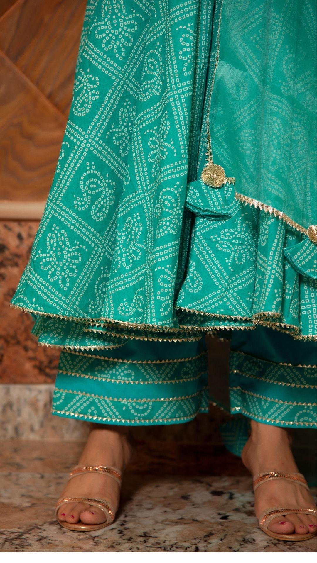 Pomcha Jaipur Bandhej Tiffany Blue Cotton Anarkali Set | Swadesiicart