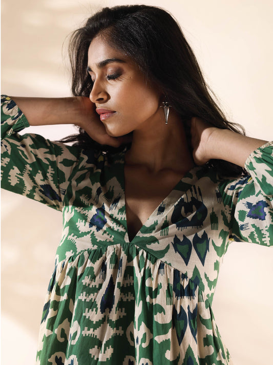trueBrowns Green Cotton Ikat Flared Dress | Swadesiicart