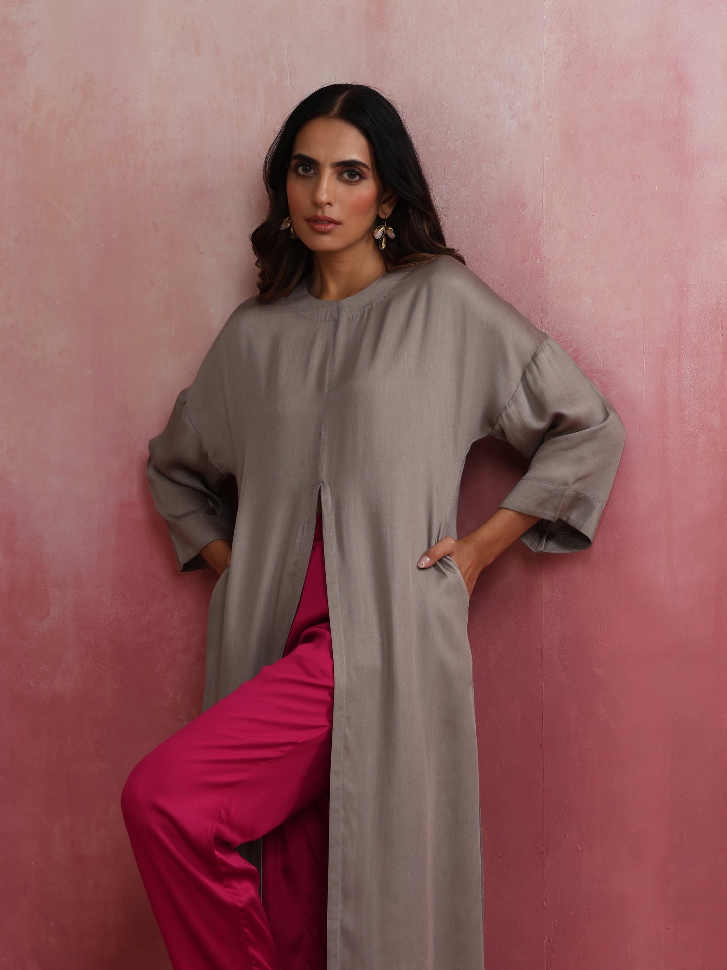 trueBrowns Grey High Slit Modal Kurta Set | Swadesiicart