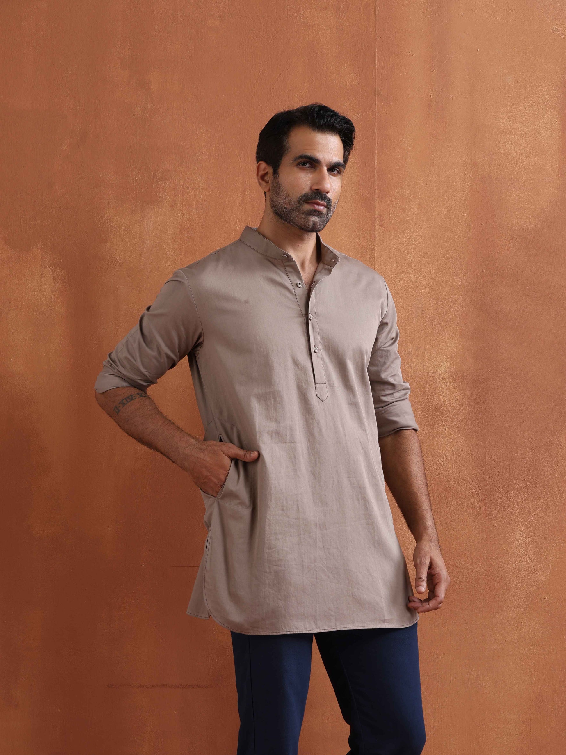 trueBrowns Men's Beige Cotton Short Kurta | Swadesiicart