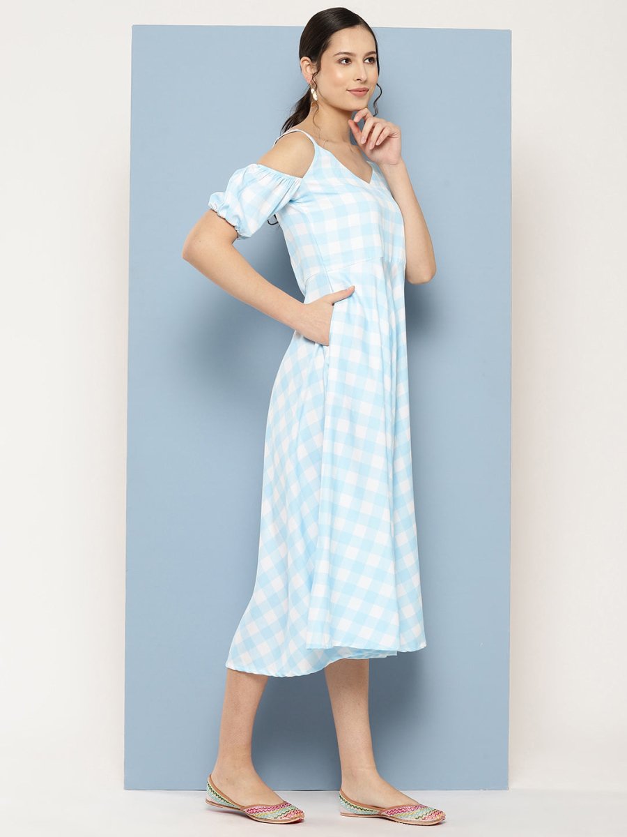 Ahalyaa Checked Cold-Shoulder Sleeves Midi Empire Ethnic Dress | Swadesiicart
