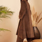 InWeave Women's Brown V Neck Asymmetrical Pleated Velvet Kurta Set - Swadesiicart