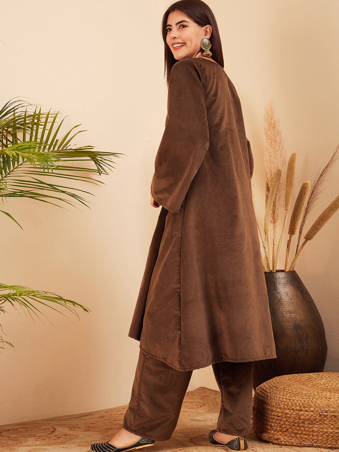 InWeave Women's Brown V Neck Asymmetrical Pleated Velvet Kurta Set - Swadesiicart