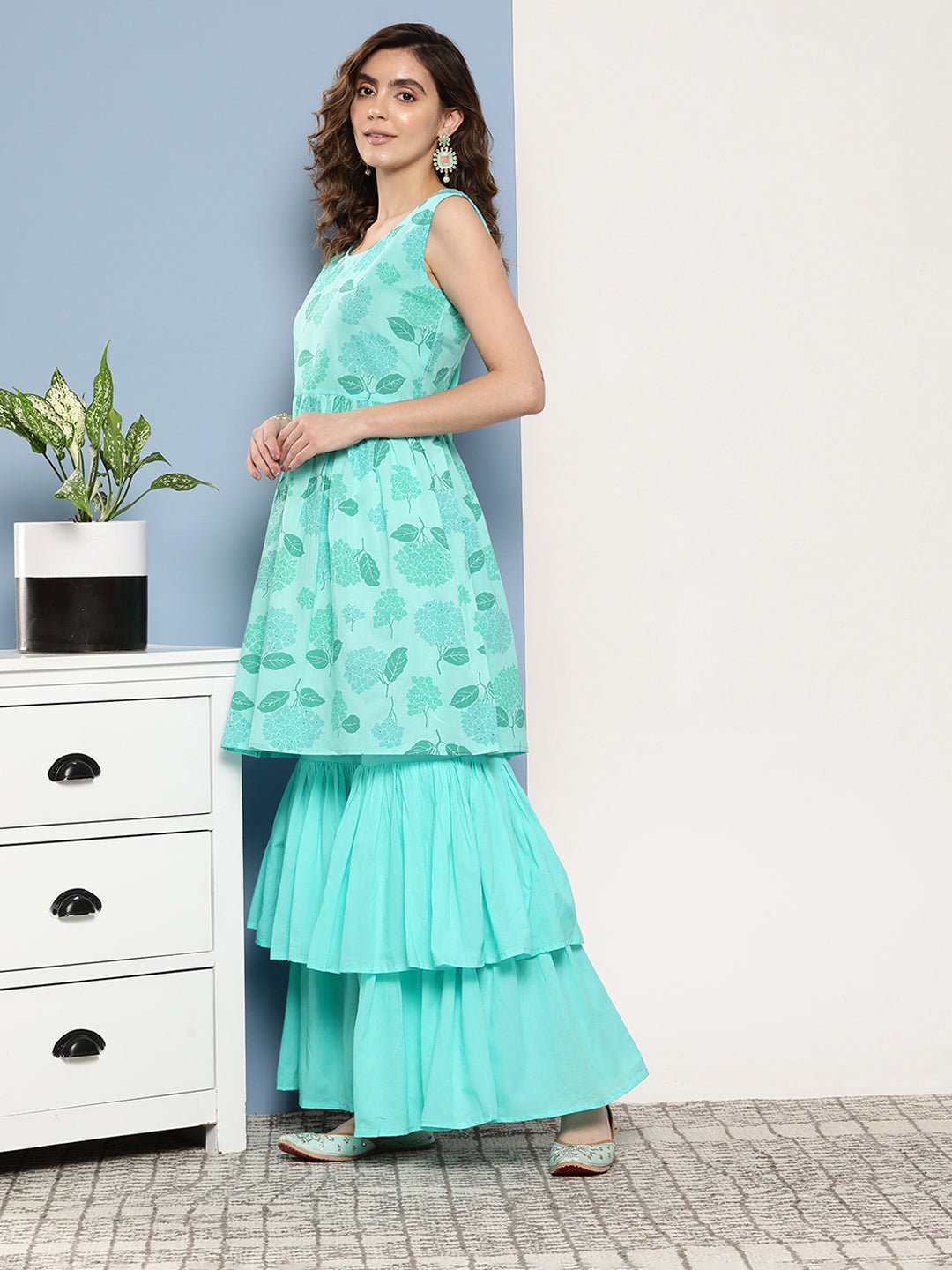 InWeave Women's Turquoise Printed Chintz Tiered Sharara Set - Swadesiicart