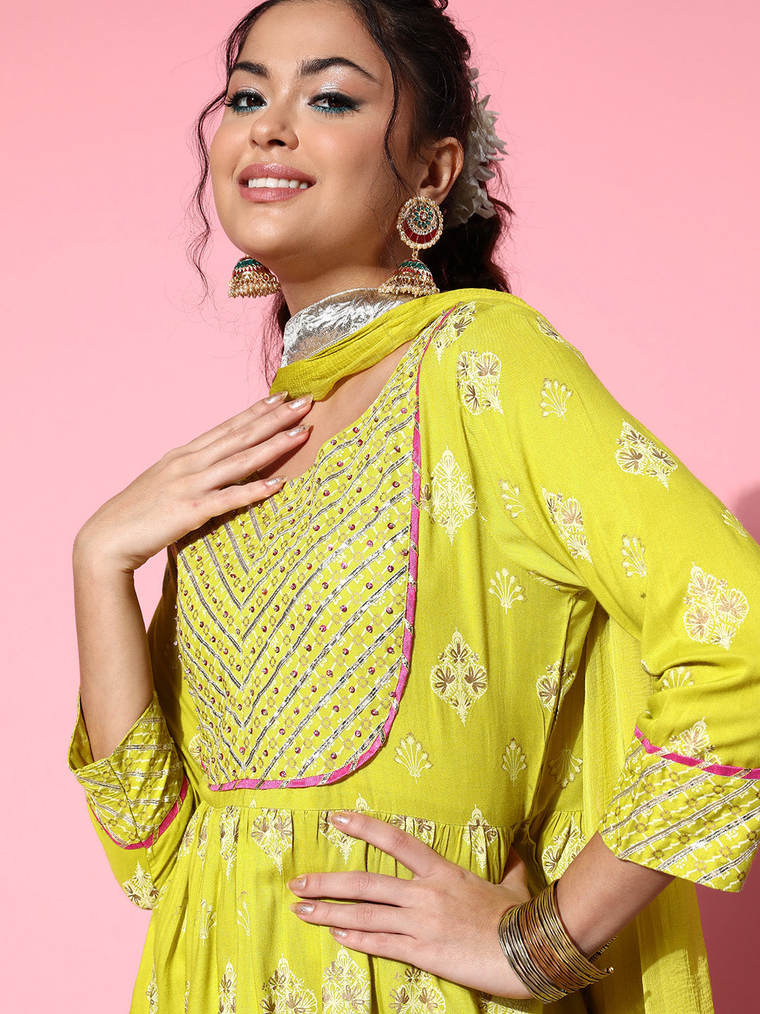 InWeave Women's Light Green Gota Work Kurta Sharara Set - Swadesiicart