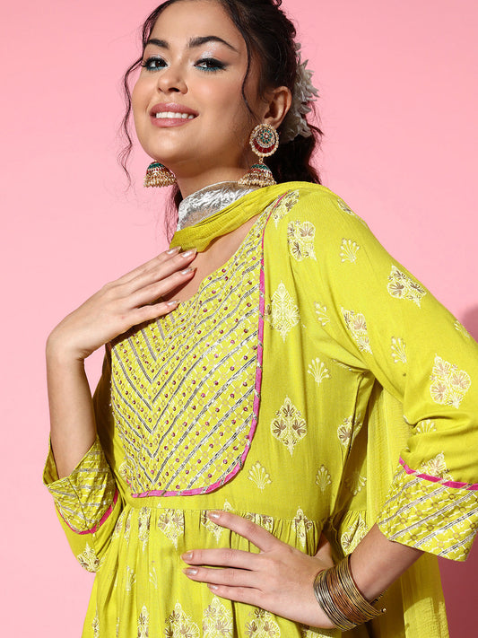 InWeave Women's Light Green Gota Work Kurta Sharara Set - Swadesiicart