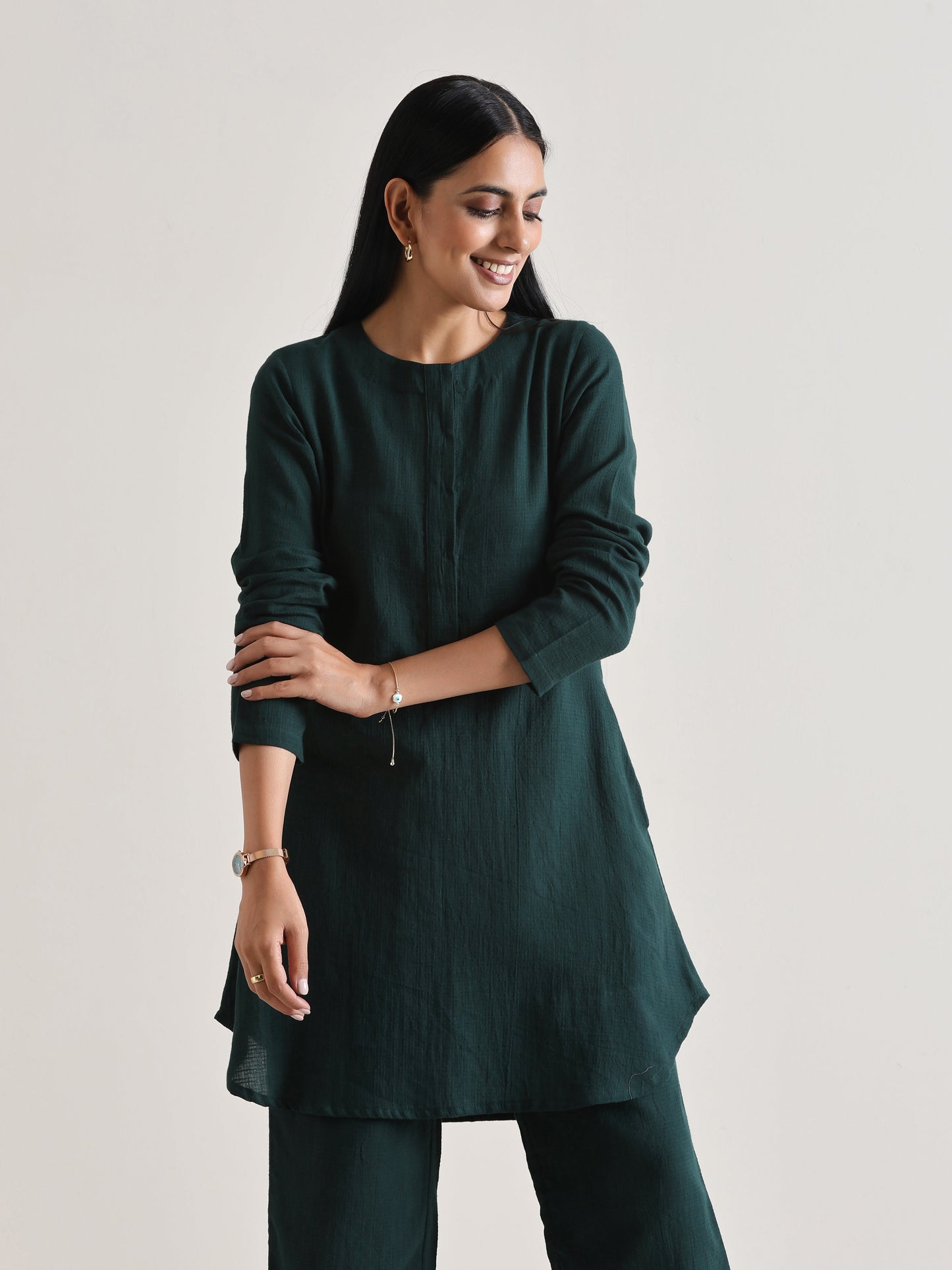 trueBrowns Dark Green Front Placket Co-Ord Set - Swadesiicart