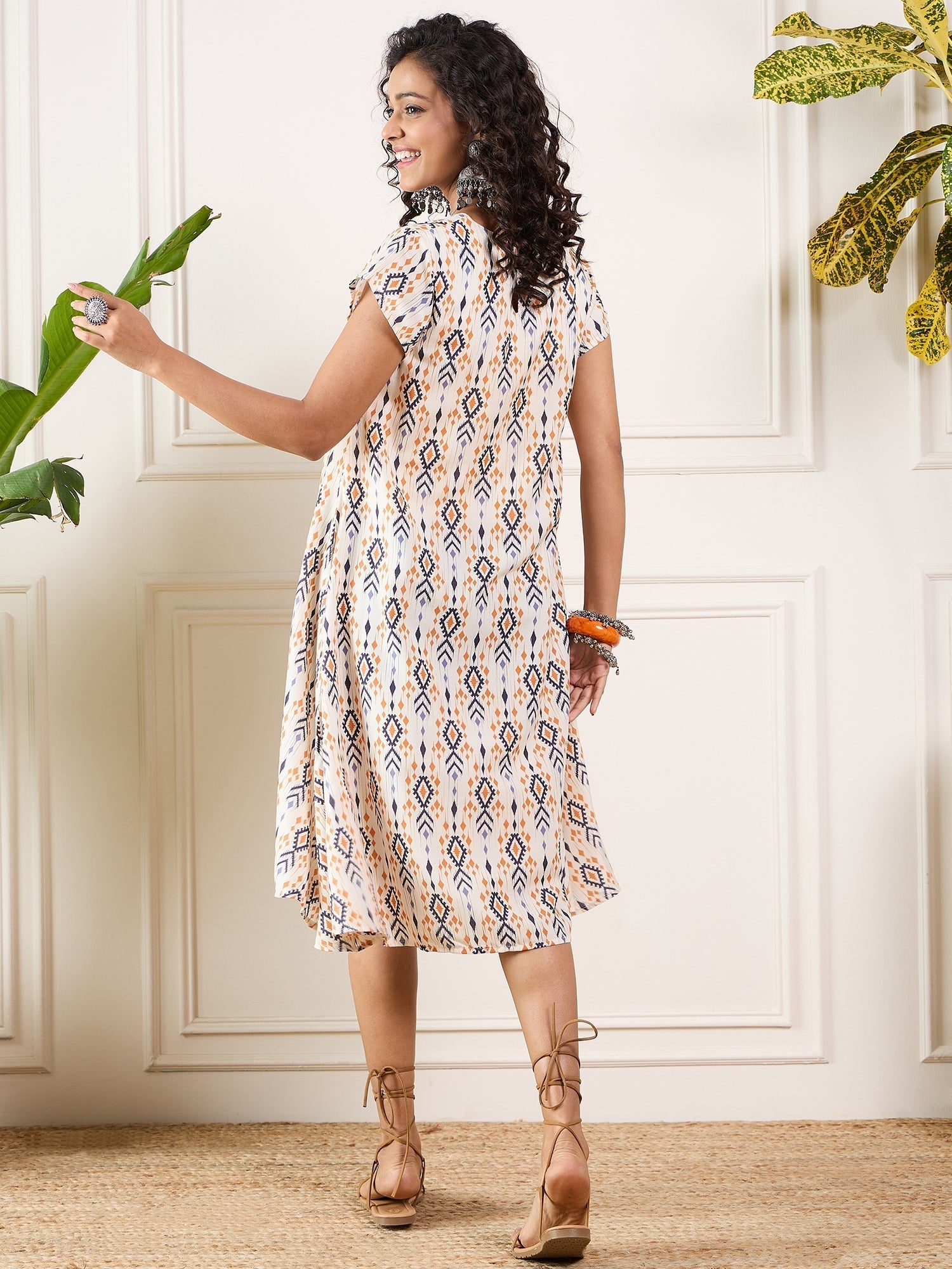 InWeave Off White Orange Black Ikkat Print Round Neck Aline Dress - Swadesiicart