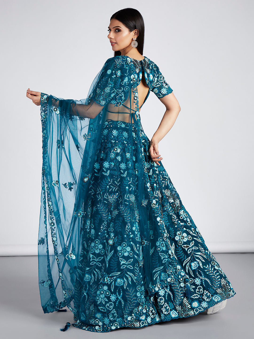 House of Panchhi Teal Net Sequins, Mirror And Thread Embroidery Lehenga Choli & Dupatta | Swadesiicart