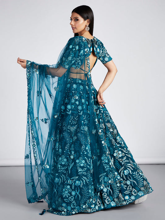 House of Panchhi Teal Net Sequins, Mirror And Thread Embroidery Lehenga Choli & Dupatta | Swadesiicart
