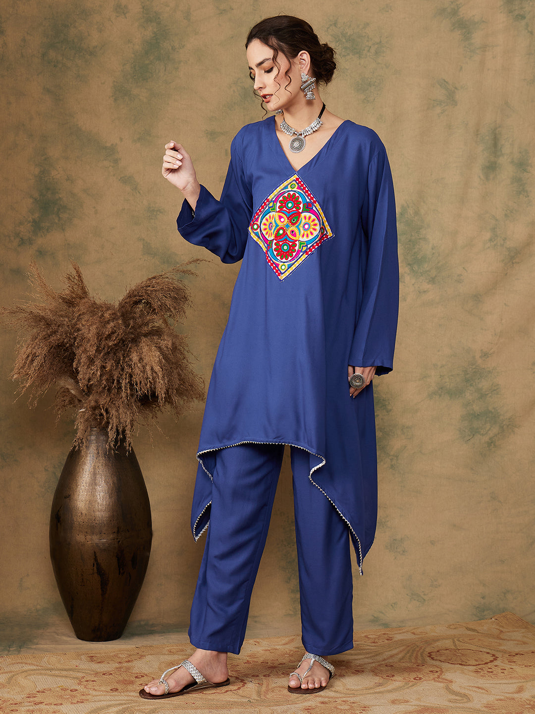 InWeave Women's Ink Blue Square Yellow Patch Work Assymentrical Kurta Set - Swadesiicart