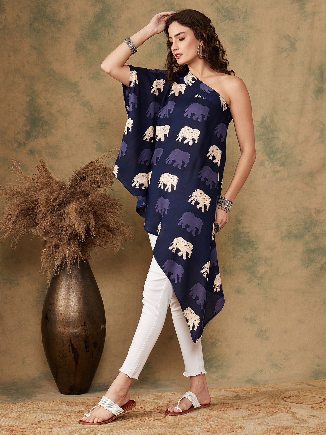 InWeave Women's Blue Elephant Print Oneshoulder Top - Swadesiicart