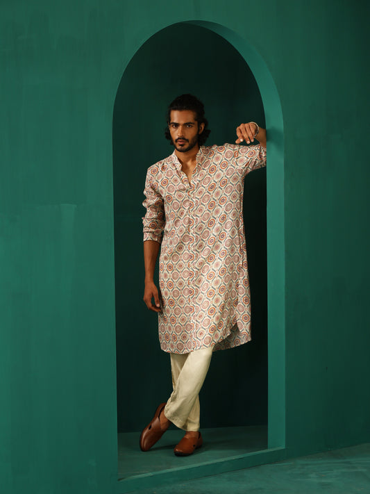 trueBrowns Men's Off White Circle Floral Muslin Silk Printed Long Kurta | Swadesiicart