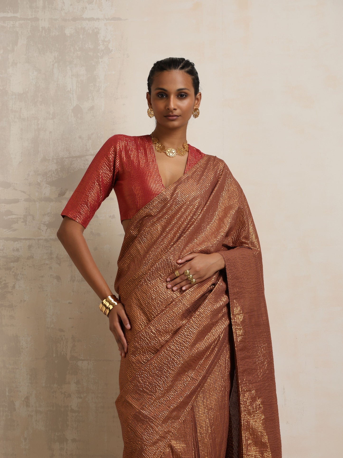 trueBrowns Brown Gold Lurex Ready To Wear Saree | Swadesiicart