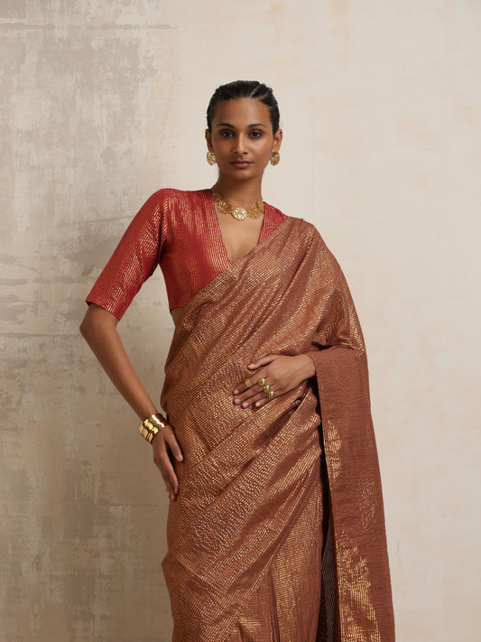 trueBrowns Brown Gold Lurex Ready To Wear Saree | Swadesiicart